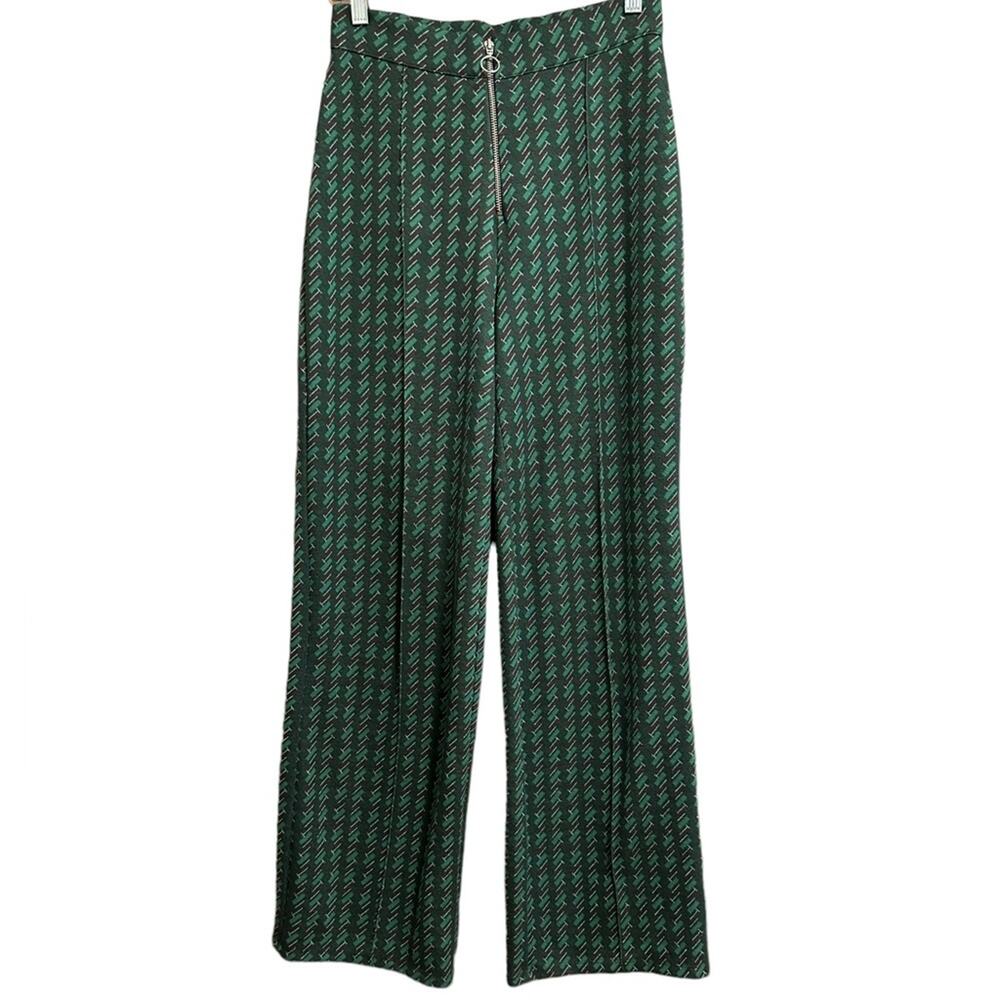 Zara Green Patterned Flared Jacquard Pants Size Medium - Picture 5 of 9